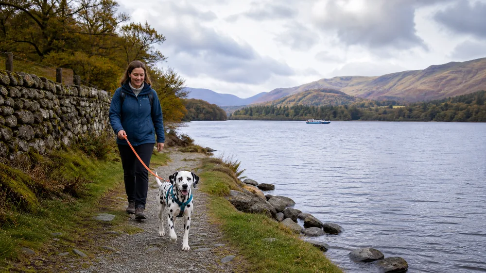 A Dalmatian beside a Lake District passenger boat