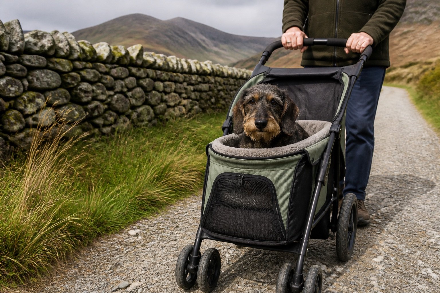 An older dog travelling in a buggy on a firm Lake District path