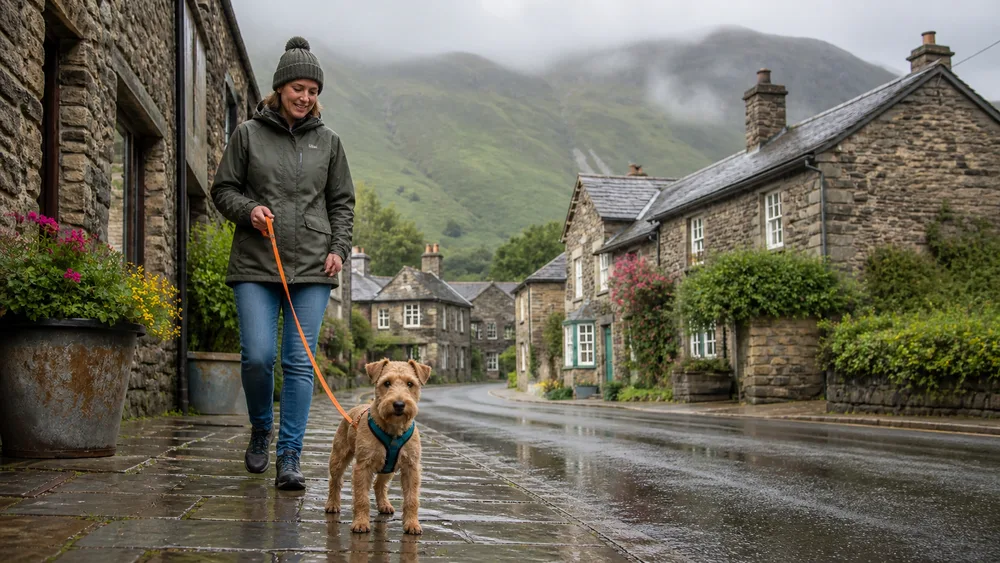 A Lakeland Terrier on a lead during a rainy Lake District outing