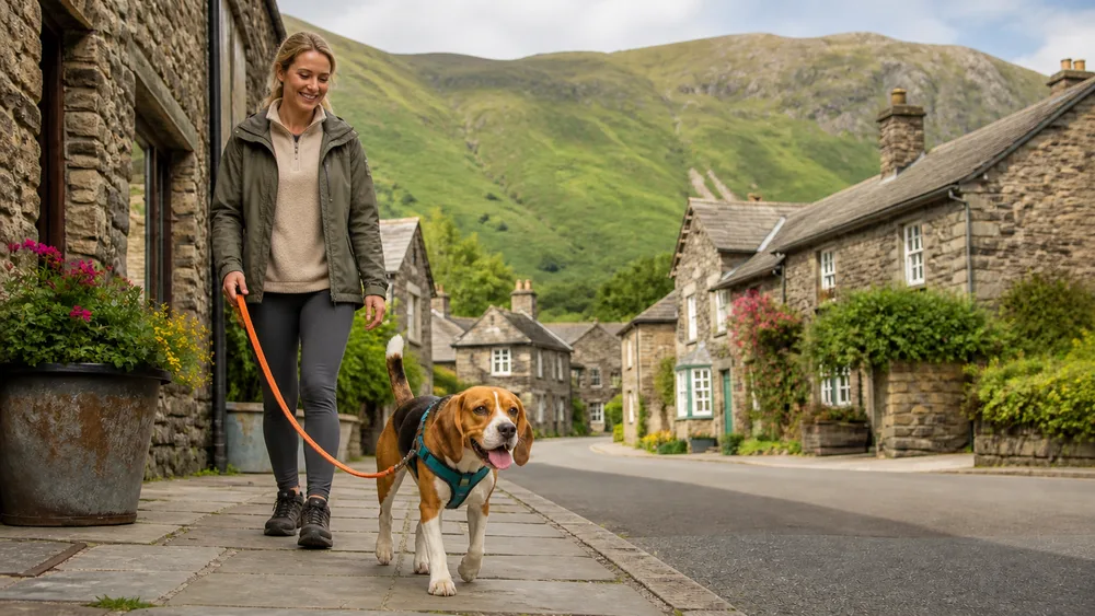 Editorial image of a dog on a lead during a Lake District day out
