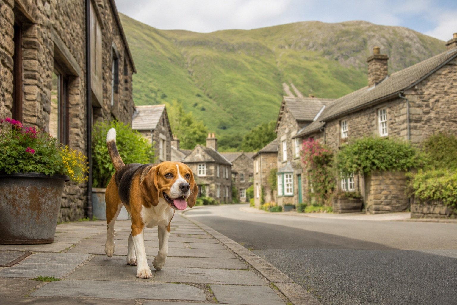A Beagle exploring a Lake District village on holiday